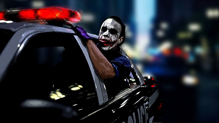 Джокер, Хит Леджер, полицейские машины, Темный рыцарь, клоун - обои на рабочий стол