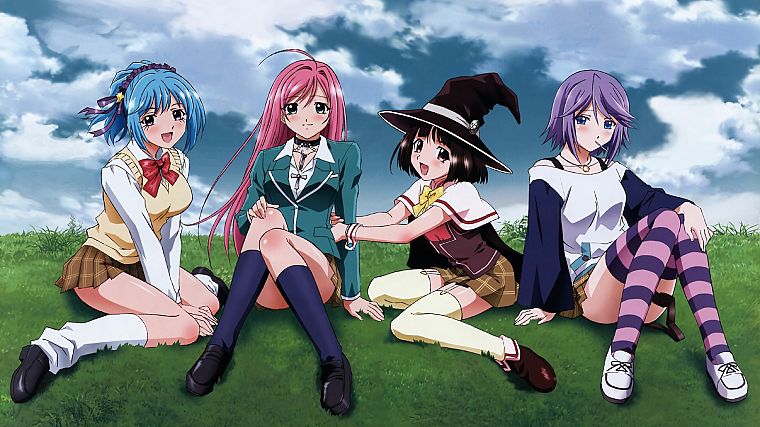 ноги, школьная форма, Сираюки Mizore, Akashiya Мока, Куроно Kurumu, аниме девушки, Розарио Вампир, Sendou Юкари, полосатые носки - обои на рабочий стол