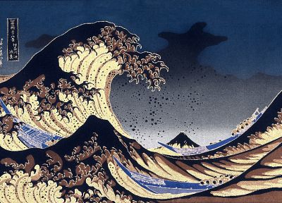 Япония, картины, волны, лодки, транспортные средства, Большая волна в Канагава, Кацусика Хокусай, море - копия обоев рабочего стола