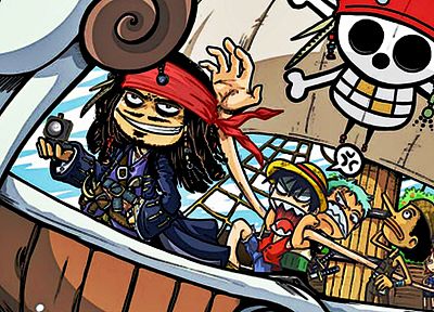 мультфильмы, One Piece ( аниме ), смешное, Roronoa Зоро, Пираты Карибского моря, произведение искусства, кроссоверы, Капитан Джек Воробей, Обезьяна D Луффи, Нами ( One Piece ), Санджи ( One Piece ) - случайные обои для рабочего стола