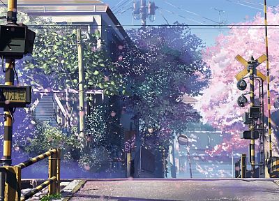 вишни в цвету, улицы, Макото Синкай, железнодорожные пути, дороги, 5 сантиметров в секунду, железные дороги, железнодорожный переезд - случайные обои для рабочего стола