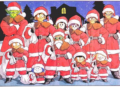 Сон Гоку, рождество, Мастер Роши, Сын Гохан, Piccolo, Dragon Ball Z, Yamcha, Санта наряд - случайные обои для рабочего стола
