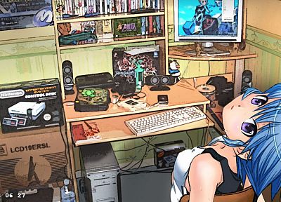 Нинтендо, видеоигры, компьютеры, клавишные, синие волосы, книги, Легенда о Zelda, грязный, аниме, фиолетовые глаза, аниме девушки, DVD обложки - обои на рабочий стол
