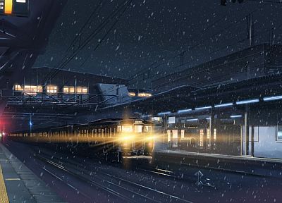снег, поезда, Макото Синкай, вокзалы, живописный, 5 сантиметров в секунду, транспортные средства - похожие обои для рабочего стола
