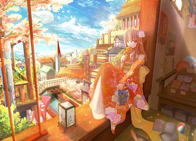 вишни в цвету, комната, живописный, Кария Kyou, японская одежда, аниме девушки, города, небеса - случайные обои для рабочего стола