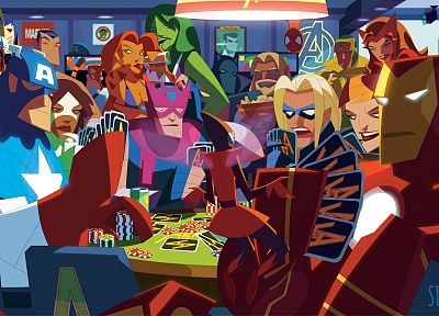 Железный Человек, Тор, Человек-паук, Капитан Америка, покер, альтернативных художественные, фишки для покера, Женщина-Халк, Марвел комиксы, Мстители, Hawkeye, Алая Ведьма, игральные карты, Брюс Баннер, НэморSubmariner, Antman, Quick Silver - обои на рабочий стол