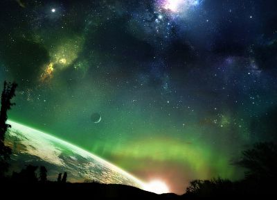 зеленый, космическое пространство, горизонт, деревья, звезды, планеты, Земля, атмосфера, научная фантастика, лун - оригинальные обои рабочего стола