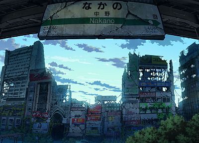 Япония, руины, постапокалиптический, знаки, произведение искусства, аниме, Плющ, заброшенный, затопленный, города, Накано, TokyoGenso - случайные обои для рабочего стола