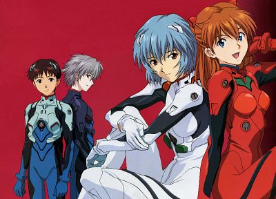 Ayanami Rei, Neon Genesis Evangelion (Евангелион), Икари Синдзи, Каору Нагиса, Аска Лэнгли Сорю, простой фон - обои на рабочий стол