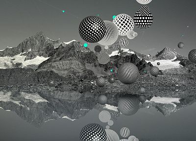 горы, сферы, озера, выборочная раскраска, Desktopography, 3D (трехмерный), отражения - случайные обои для рабочего стола