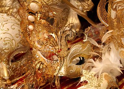золотой, перья, маски, блеск, Венецианские маски - обои на рабочий стол