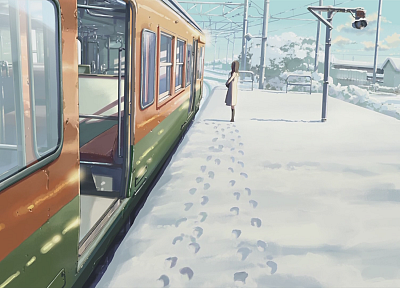 поезда, Макото Синкай, 5 сантиметров в секунду, произведение искусства, транспортные средства, зимние пейзажи, след - похожие обои для рабочего стола