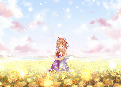 облака, цветы, поля, Clannad, Фурукава Нагиса, Окадзаки Ушио, небо, аниме девушки - случайные обои для рабочего стола
