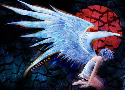 ангелы, крылья, голубые глаза, Сердолик, синие волосы - обои на рабочий стол