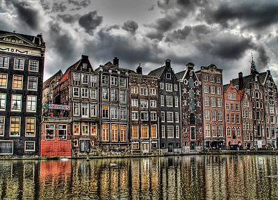 облака, здания, Европа, плотина, Голландия, Амстердам, HDR фотографии, реки, отражения - обои на рабочий стол
