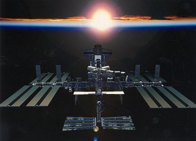 восход, космическое пространство, Земля, космический челнок, Международная космическая станция - обои на рабочий стол