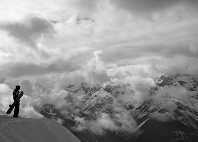 черно-белое изображение, горы, снег, сноуборд - копия обоев рабочего стола
