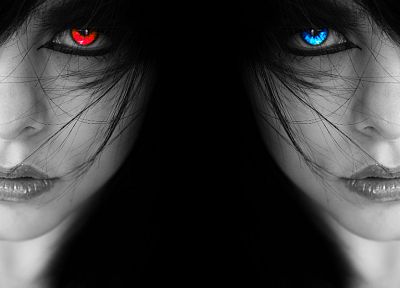 девушки, глаза, черный цвет, темнота, голубые глаза, красные глаза, оттенки серого, выборочная раскраска, темный фон - копия обоев рабочего стола