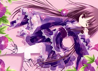 цветы, длинные волосы, фиолетовые волосы, Лоликон, фиолетовые глаза, подмигивание, Лолита моды, Tinkle иллюстрации, японская одежда - обои на рабочий стол