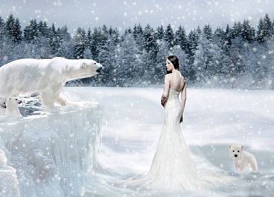 деревья, снежинки, белое платье, белые медведи - обои на рабочий стол
