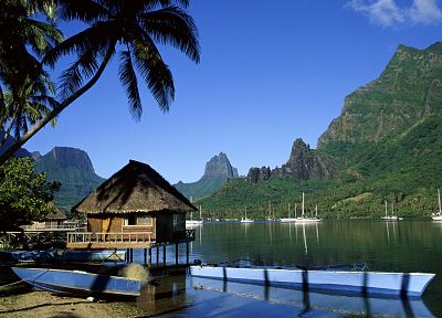 скалы, лодки, Французская Полинезия, пальмовые деревья, Таити, хижины, Муреа, залив, повара - оригинальные обои рабочего стола