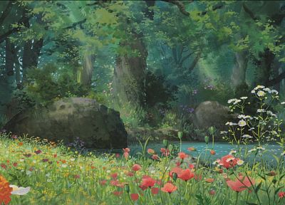 деревья, скалы, произведение искусства, Не Karigurashi не Arrietty, Тайный мир Arrietty, полевые цветы - похожие обои для рабочего стола