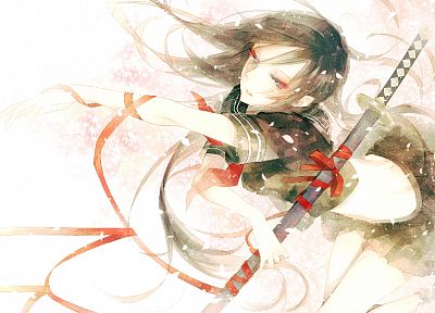 катана, школьная форма, ленты, оружие, цветы, seifuku, произведение искусства, аниме, лепестки цветов, аниме девушки, мечи - обои на рабочий стол