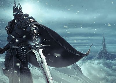 видеоигры, снег, Король-лич, доспехи, Артас, произведение искусства, мечи, Ледяная Скорбь, Warcraft - случайные обои для рабочего стола