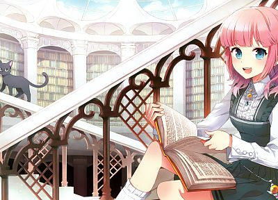 библиотека, аниме девушки - оригинальные обои рабочего стола