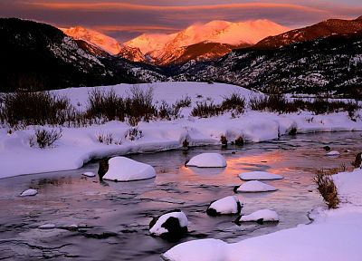 восход, горы, зима, снег, скалы, Колорадо, реки, Национальный парк - похожие обои для рабочего стола