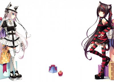 Некомими, уши животных, Sayori Neko Работы, простой фон, оригинальные персонажи, Chocolat ( Sayori ), Ваниль ( Sayori ), полосатые носки - обои на рабочий стол