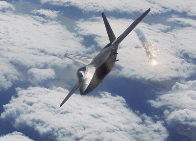 самолет, военный, F-22 Raptor, вспышки - копия обоев рабочего стола