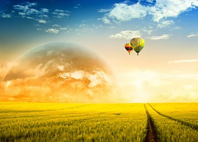 Солнце, поля, воздушные шары, сельская местность - обои на рабочий стол