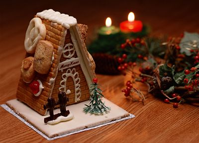 десерты, Рождественское печенье, свечи, расплывчатый, омела белая, пряничный домик - обои на рабочий стол