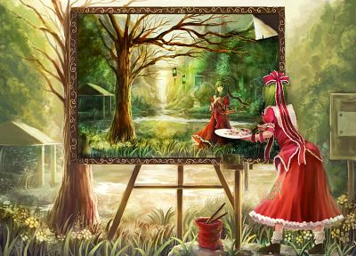 зеленый, картины, видеоигры, природа, Тохо, деревья, платье, длинные волосы, ленты, зеленые глаза, зеленые волосы, красное платье, Kagiyama Хина, украшения для волос - случайные обои для рабочего стола