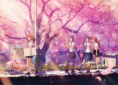 вишни в цвету, школьная форма, на открытом воздухе, лепестки цветов, аниме девушки - случайные обои для рабочего стола