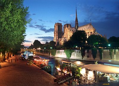 Париж, пейзажи, ночь, огни, архитектура, корабли, церкви, Нотр-Дам, реки, невод - похожие обои для рабочего стола