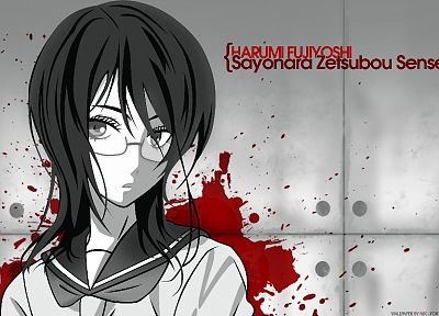 Sayonara Zetsubou Сенсей, кровь, школьная форма, очки, монохромный, meganekko, Fujiyoshi Харуми, аниме девушки, морская форма - копия обоев рабочего стола