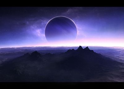 горы, космическое пространство, звезды, планеты, фиолетовый, пустыри, научная фантастика - обои на рабочий стол