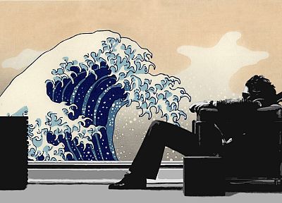 музыка, волны, люди, японский, стулья, произведение искусства, Maxell, Большая волна в Канагава - копия обоев рабочего стола