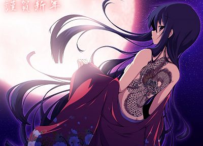 татуировки, девушки, звезды, татуировка дракона, Луна, длинные волосы, кимоно, фиолетовые волосы, фиолетовые глаза, аниме девушки - оригинальные обои рабочего стола