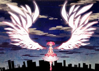 ангелы, крылья, города, здания, Mahou Shoujo Мадока Magica, Канаме Мадока, аниме, ангельские крылья, аниме девушки - копия обоев рабочего стола