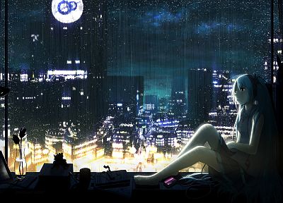 Вокалоид, ночь, дождь, Мику Хацунэ, волосы цвета морской волны, аниме девушки, города, дождь на стекле - случайные обои для рабочего стола