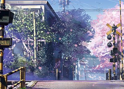 вишни в цвету, Макото Синкай, живописный, 5 сантиметров в секунду, железнодорожный переезд - случайные обои для рабочего стола