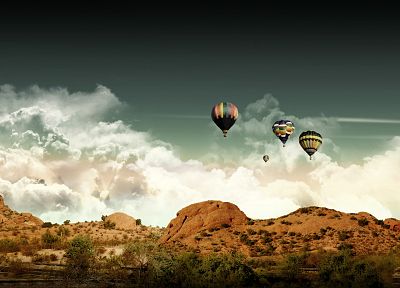 облака, пейзажи, пустыня, воздушные шары, небо, фотомонтаж - оригинальные обои рабочего стола