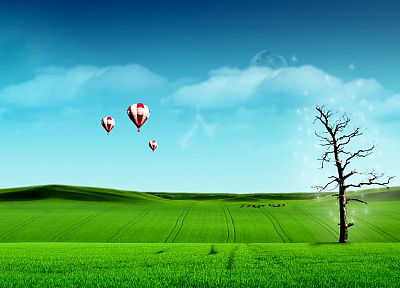 зеленый, деревья, поля, цифровое искусство, воздушные шары, небеса - похожие обои для рабочего стола