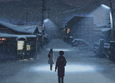 зима, Макото Синкай, живописный, 5 сантиметров в секунду, произведение искусства, аниме, снег - обои на рабочий стол