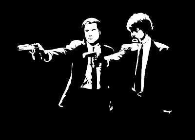 черно-белое изображение, Криминальное чтиво, Сэмюэл Л. Джексон, Джон Траволта, темный фон - похожие обои для рабочего стола