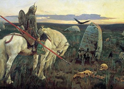 черепа, картины, оружие, щит, лошади, произведение искусства, воины, копья, могилы, Виктор Васнецов - оригинальные обои рабочего стола