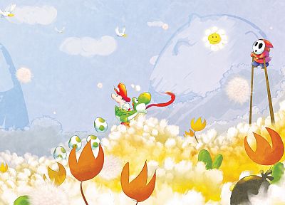 яйца, цветы, Марио, Йоши, Застенчивый парень - обои на рабочий стол